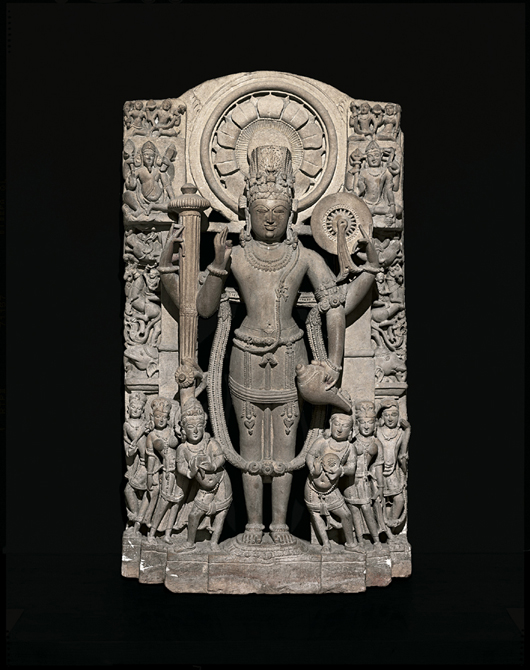 'Vishnu Flanked by His Personified Attributes,' 12th century. Sandstone, 40 1/2 x 22 5/8 x 8 inches. Krannert Art Museum and Kinkead Pavilion, University of Illinois, Urbana-Champaign. Gift of Ellnora D. Krannert, 1969-10-1