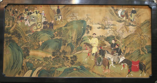 Large 19th-century silk painting with figural scene, framed and mounted on wood. Estimate: $6,000-$8,000. Image courtesy of Showplace Antique & Design Center.