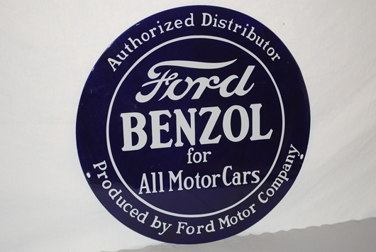 Ford Benzol 'For All Motor Cars' Authorized Distributor double-sided porcelain sign, $4,400. Image courtesy of Matthews Auctions LLC.