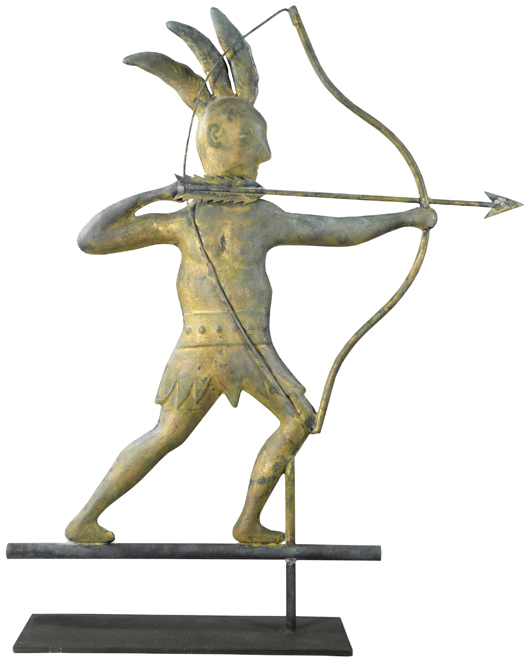 Early 1900s molded pressed tin weather vane in the shape of an Indian, 30 inches tall. Image courtesy of Showtime Auction Services.