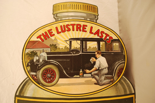 Mobo Auto Body Polish (‘The Lustre Lasts’) cardboard stand-up, circa 1925-1935, $2,640. Image courtesy of Matthews Auctions LLC.