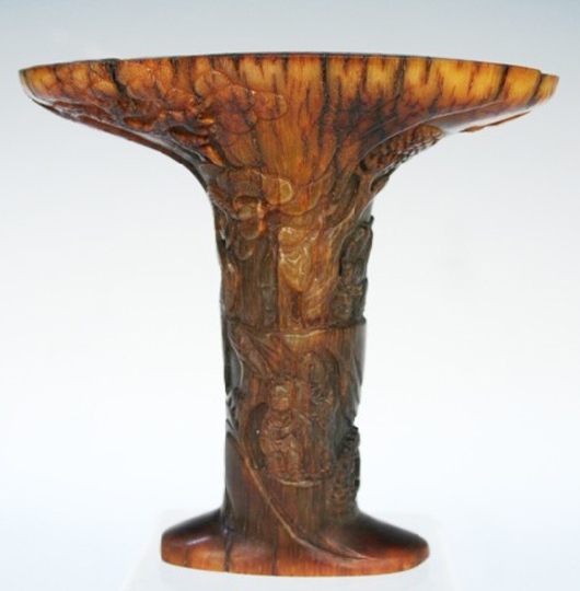 Finely carved Qing Dynasty (1644-1911) rhinoceros horn ceremonial cup. Estimate: $30,000-$40,000. Image courtesy of Showplace Antique & Design Center.