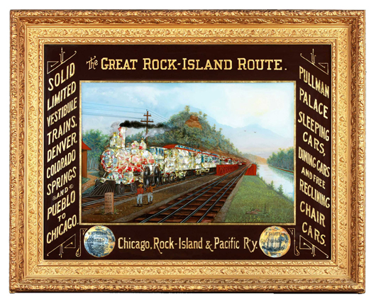 Rock Island Railroad reverse glass sign, made in 1880 and in the same family for 100 years. Image courtesy of Showtime Auction Services.