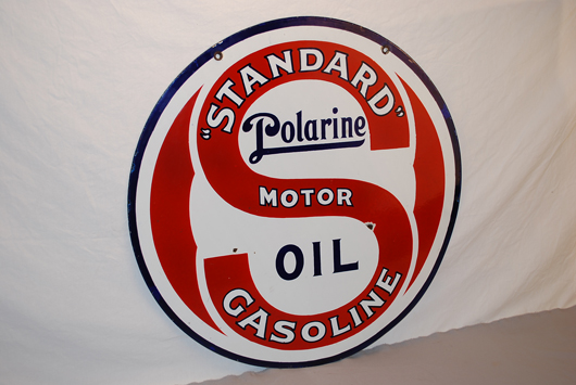 'Standard' (Standard Oil of New Jersey) Polarine Oil double-sided porcelain sign, $3,190. Image courtesy of Matthews Auctions LLC.