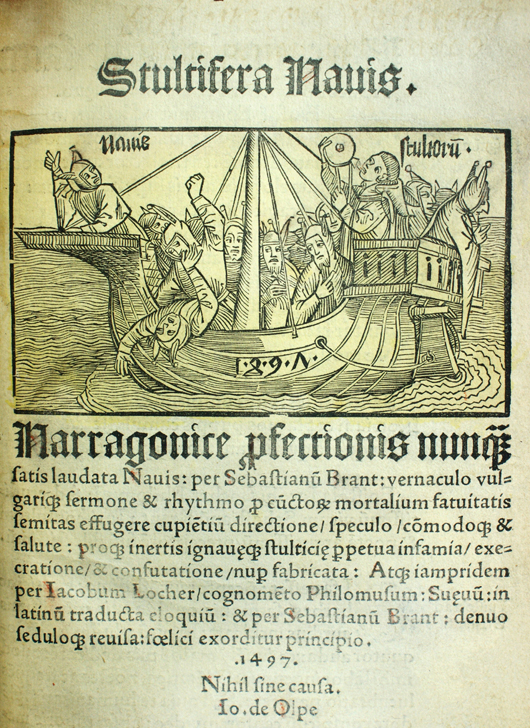 Stultifera Navis (Ship of Fools), edition of 1497 in Latin as translated by Jacob Locher, with 118 woodcuts attributed to Durer, $12,600. Dirk Soulis Auctions image.