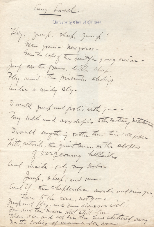 From an archive of Amy Lowell letters and other ephemera, this poem was hand written on University Club of Chicago stationery; archive price $13,650. Dirk Soulis Auctions image.