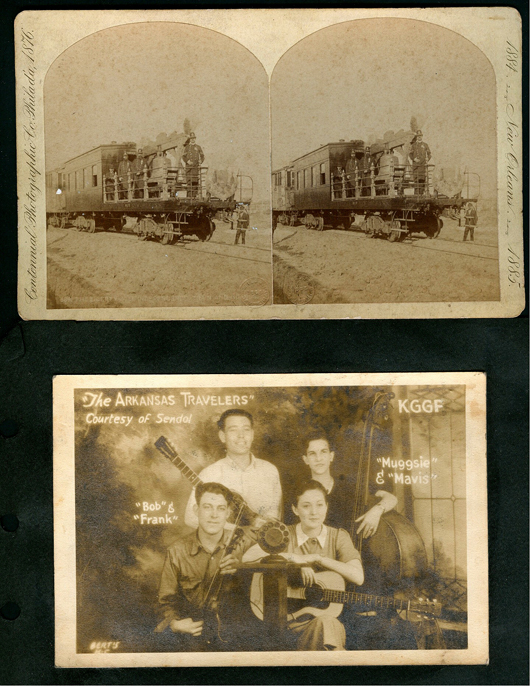 A group lot containing three stereoscopic cards of  “Wild Indians of Dakota” (not shown), a cabinet card of the Liberty Bell being transported by rail, and a photo card of The Arkansas Travelers musical group at a radio station was auctioned for $2,310. Dirk Soulis Auctions image.