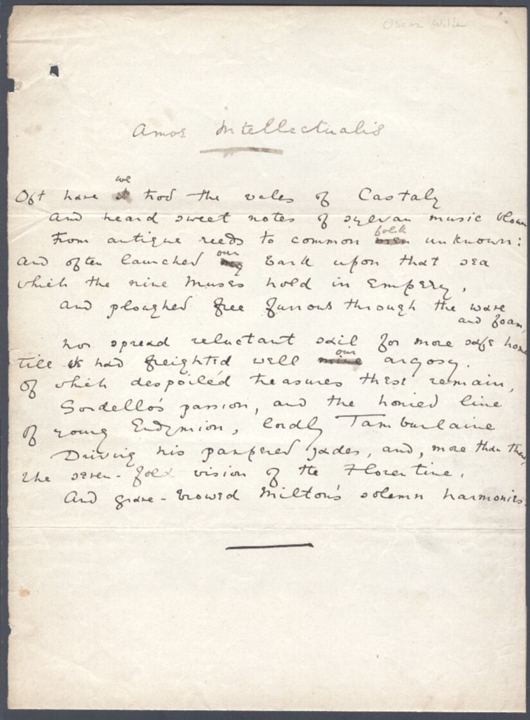 Oscar Wilde hand-written manuscript of the poem Amos Intellectualis, $17,325. Dirk Soulis Auctions image.