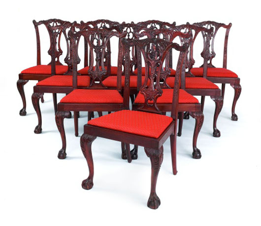 Set of 10 Chippendale style mahogany dining chairs by Baker Furniture: $1,304. Image courtesy of Pook & Pook Inc.