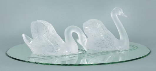Lalique frosted glass swans on a lake group, 9 1/4 inches high, mirror - 32 3/4 inches x 22 1/4 inches: $6,075. Image courtesy of Pook & Pook Inc.