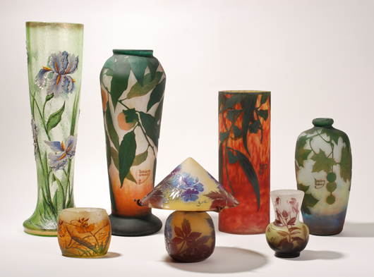 European art glass including Galle and Daum Nancy. Myers Auction Gallery image.