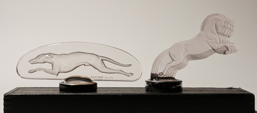 Lalique Glass: 1920s "Levrier" and "Cinq Chevaux" car mascots. Myers Auction Gallery image.