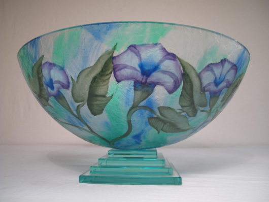 Daum Morning Glories art glass center bowl, signed, 17¼ inches wide and 8¼ inches tall, estimate $1,500-$2,000. Auctions Neapolitan image.