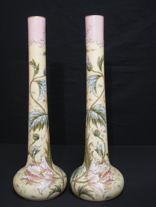 Pair of rare 18-inch-tall Mt. Washington Burmese vases, estimate $1,800-$2,800. Auctions Neapolitan image.