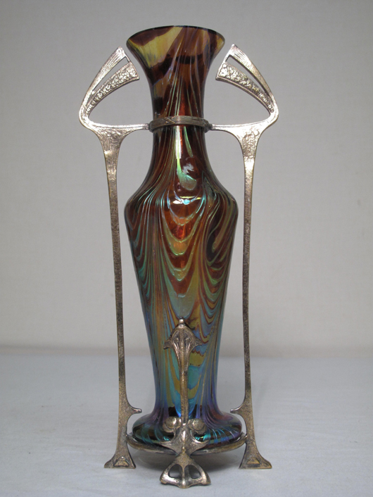 Loetz Secessionist metal-mounted art glass vase, 10 inches, estimate $800-$1,200. Auctions Neapolitan image.