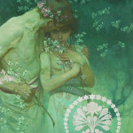 Alphonse Mucha (Czechoslovakian, 1860-1939), portrait of young lovers, oil on canvas laid to board, artist signed (authentication pending), 15½ by 20 inches, estimate $100,000-$200,000. Nest Egg Auctions image.