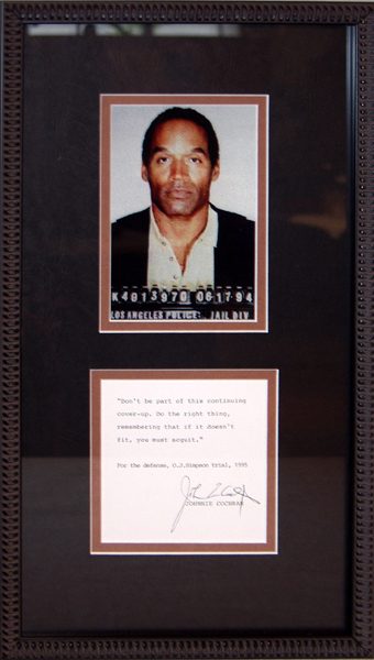 O.J. Simpson’s 1994 mug shot, framed with an autograph of his attorney Johnny Cochran. Image courtesy of LiveAuctioneers and DuMouchelles.