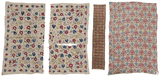 Stemmed magenta leaves and floral sprays, patterns and borders were contained within the borders of these four panels from the late 19th or early 20th century. The sale moved from a $300 opening bid to a sale at $21,600. Image courtesy of Brunk Auctions.