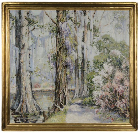 Fans of Alfred Hutty would have traded all of their engravings for this colorful spring oil painting. The painting, 31 7/8 inches by 34 inches, opened at $5,000 and sold to the phones for $67,200. Image courtesy of Brunk Auctions.
