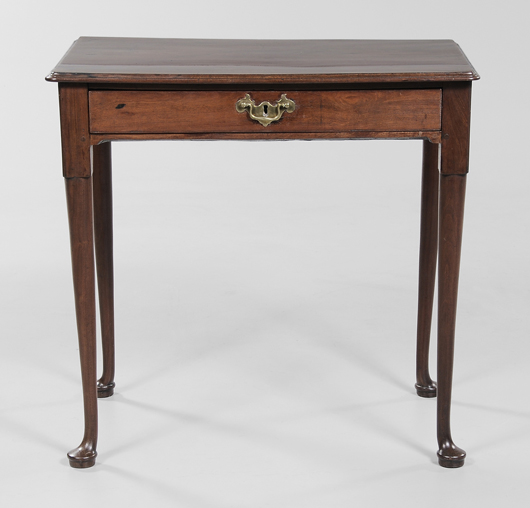 Also deaccessioned from MESDA was this mahogany Charleston Queen Anne chamber table from 1745-1755. In overall excellent condition with turned legs and pad feet, it went for $43,200. Image courtesy of Brunk Auctions.
