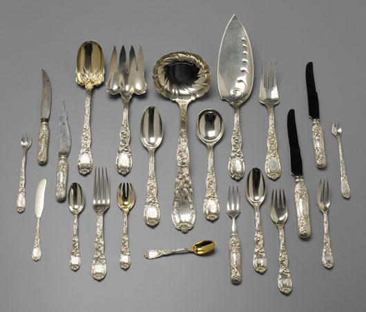 There are 501.28 Troy ounces of silver excluding hollow-handle items in this 350-piece set of Tiffany Chrysanthemum sterling silver flatware. The late 19th-set set sold for $33,600. Image courtesy of Brunk Auctions.