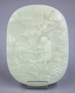 Selling for over 60 times its high estimate, this celadon oval plaque lot sold to a Taiwanese collector for an astonishing $94,800. Image courtesy of Clars Auction Gallery.