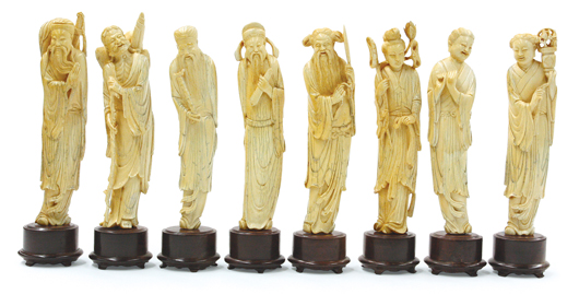 Continuing the unbelievable prices on Asian lots offered, this set of Chinese tinted ivory figural carvings of the Eight Daoist immortals sold for $18,960. Image courtesy of Clars Auction Gallery.