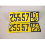 None of the license plates on Adams' barn is as old as this set of 1913 Indiana porcelain-enameled plates. Image courtesy of LiveAuctioneers Archive and Cowan's Auctions Inc.