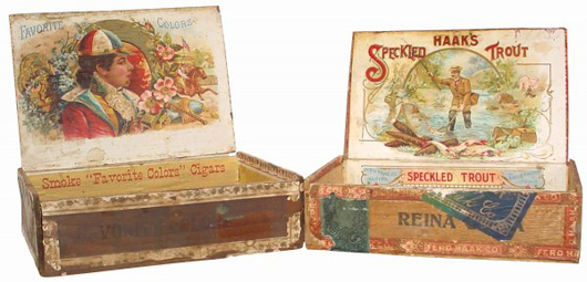 The cigar box on the right is held Speckled Trout brand cigars made by Ferd Hack Co. in Davenport, Iowa. Image courtesy of LiveAuctioneers Archive and Rich Penn Auctions.