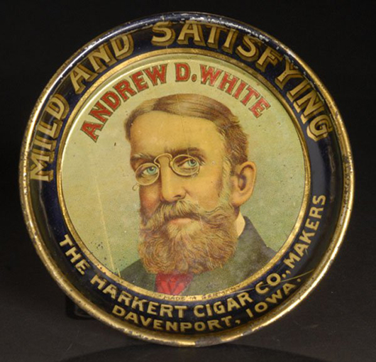 Made in Germany, this chromolithographed cigar tip tray advertised the Markert Cigar Co. in Davenport, Iowa. It is 4 1/4 inches in diameter. Image courtesy of LiveAuctioneers Archive and Cowan’s Auctions Inc.