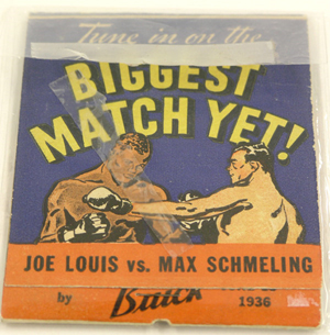 Buick sponsored the radio broadcast of the Joe Lewis vs. Max Schmeling heavyweight championship boxing match on June 18, 1936. This matchbook promoting the fight sold at auction for $25 in 2005. Image courtesy of LiveAuctioneers Archive and Clars Auction Gallery