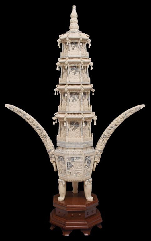 Monumental Chinese carved ivory pagoda, 52 1/4 inches high x 38 inches wide x 9 1/2 inches deep. Estimate: $6,000-$8,000. Austin Auction Gallery image.