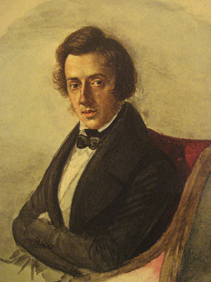 An 1835 watercolor portrait of Polish composer Frederic Chopin, painted by then-16-year-old Maria Wodzinska. Image courtesy of Wikimedia Commons.