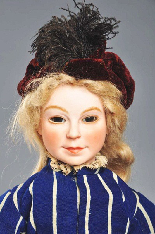 Circa-1912 Van Rozen 17-inch character doll, French, jointed composition and wood body, ceramic bisque-type head. Estimate $6,000-$10,000. Morphy Auctions image.