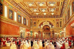 1856 Louis Haghe painting titled The New Ballroom, Buckingham Palace. Many exquisite artworks are on display in the ballroom.