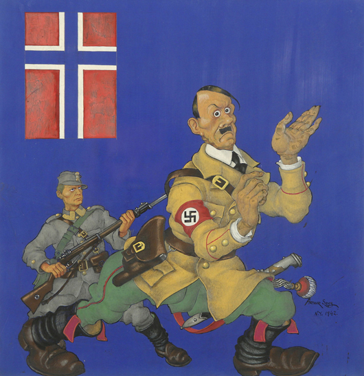 Arthur Szyk (Polish American, 1894-1951), ‘Hitler Caught,’ 1942, gouache and pencil on paper, 13 3/4 x 13 3/8 inches. Estimate: $6,500-8,500. Gene Shapiro Auctions image.