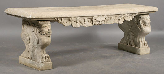 Fine antique carved marble garden bench with scrolling acanthus leaf decoration, circa 1880. Estimate: $3,000-$5,000. Image courtesy of Kamelot Auctions.