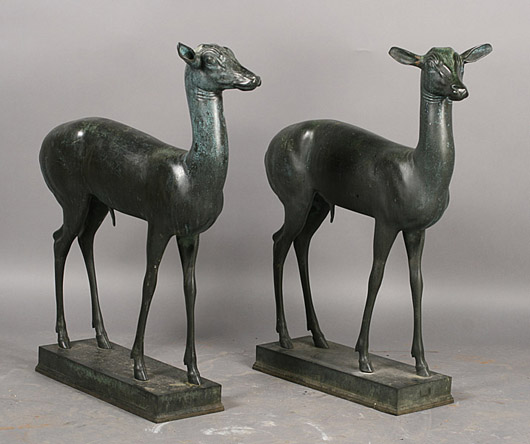 Exceptionally fine pair of Italian Grand Tour bronze standing deer, each signed ‘S.A.B. de Angelis & Fils, Naples 1907.’ Estimate: $7,000-$9,000. Image courtesy of Kamelot Auctions.