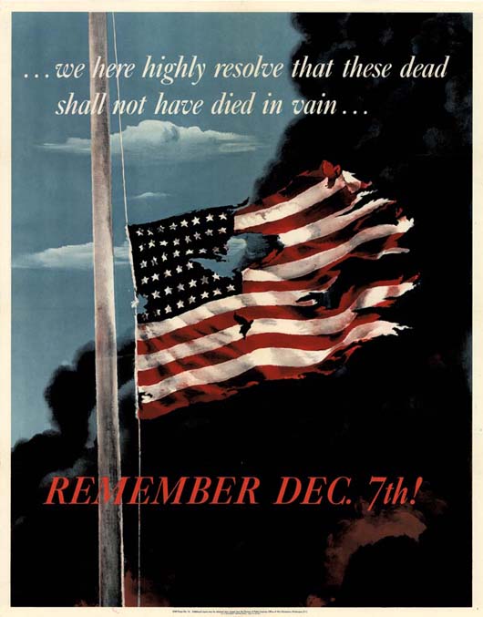 Dec. 7, 1941, was the day Japan bombed Pearl Harbor, plunging the United States into World War II. The Office of War Information issued this poster in 1942. Image courtesy of Wikimedia Commons.v