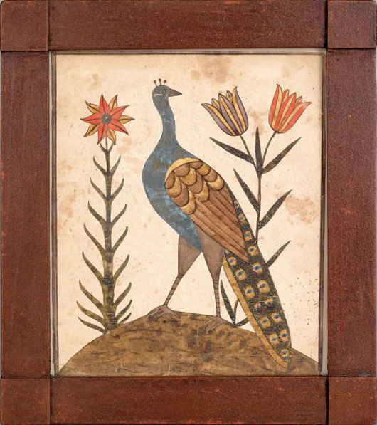 Engraver Artist (Pennsylvania, active 1791-1804), watercolor fraktur of a peacock flanked by flowers, 8" x 6 1/2". $1,500-$2,500. Pook & Pook image.