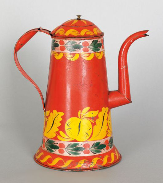 Rare red tin toleware lighthouse coffee pot, early 19th century, with gooseneck spout, having yellow, green and red foliate and fruit decoration, 10 1/4" h. $10,000-$15,000. Pook & Pook image.