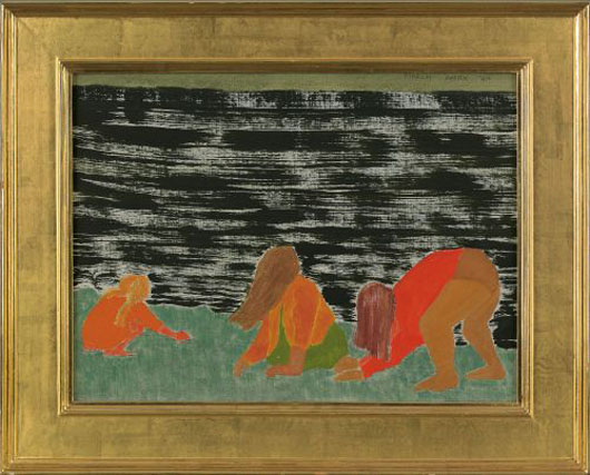 March Avery (American, b. 1932), oil on board of three figures, signed upper right and dated '64, 12" x 16". $800-$1,200. Pook & Pook image.