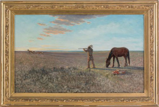 Charles Craig (American, 1846-1931), oil on canvas landscape with an Indian hunting, signed lower right and dated 1895, 22" x 36". $4,000-$7,000. Pook & Pook image.