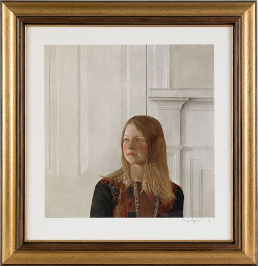Andrew Wyeth (American, 1917-2009), signed collotype titled 'Siri', published by Brandywine Conservancy 1979, 19 3/4" x 19 1/2". $2,000-$4,000. Pook & Pook image.