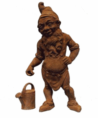 This iron garden gnome just finished sprinkling the flowers. the 28-inch-high man sold for $690 at Bertoia Auctions in Vineland, N.J., a few years ago. He is now hiding in a private garden.