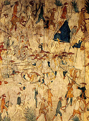 Circa-1720 artwork depicting the attack on the Villasur expedition by Pawnee Indians and their French allies. Image from the Palace of the Governors Collections, Museum of New Mexico.