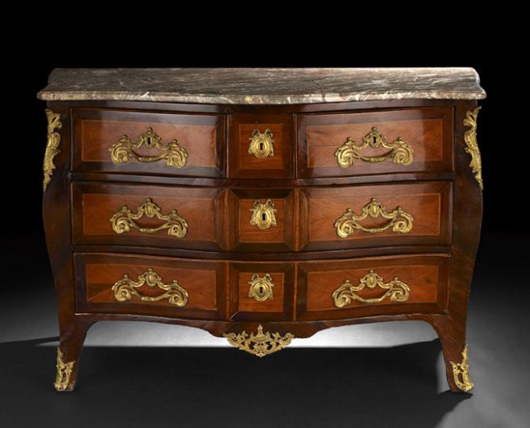 Fine signed Louis XV rosewood, kingwood and marble-top commode, estimate $5,000-$8,000. New Orleans Auction Galleries image.