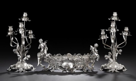 Three-piece German .800-silver Jugendstil table garniture, estimate $3,000-$5,000. New Orleans Auction Galleries image.