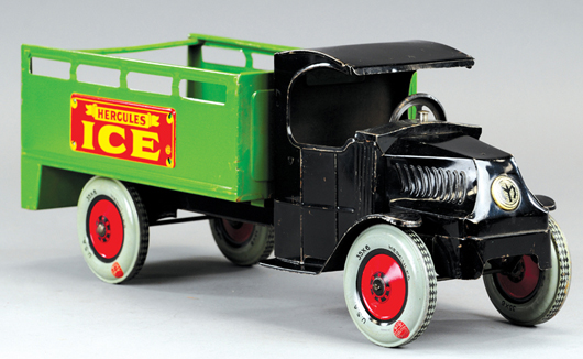 Chein Hercules ice truck with original box, 19½ inches, lithographed tin, estimate $1,500-$2,000. Bertoia Auctions image.