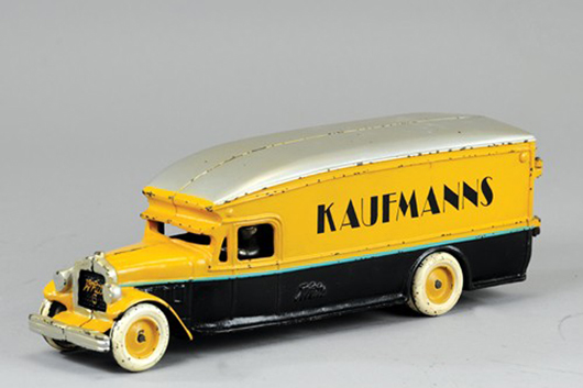 Arcade “White” moving van with Lammert’s advertising on both sides, 13 inches, cast iron, considered the best of all known examples, estimate $8,000-$10,000. Bertoia Auctions image.